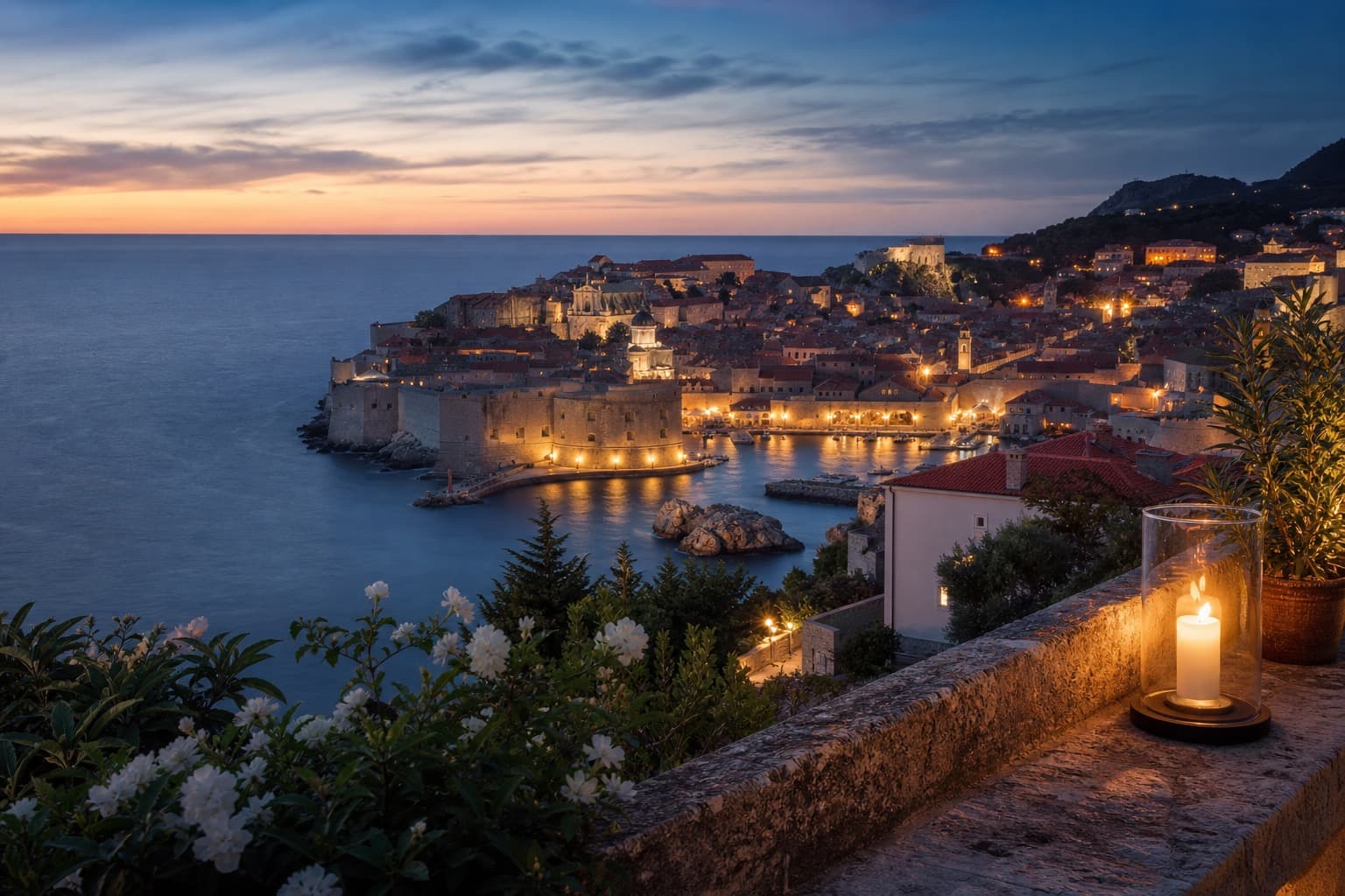 Dubrovnik honeymoon hotels — Old Town walls and Adriatic at twilight