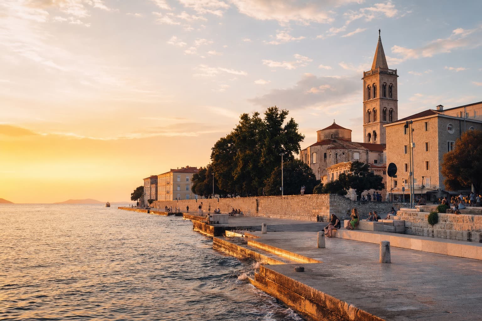 Where to stay in Zadar — Old Town peninsula and Adriatic waterfront at golden hour