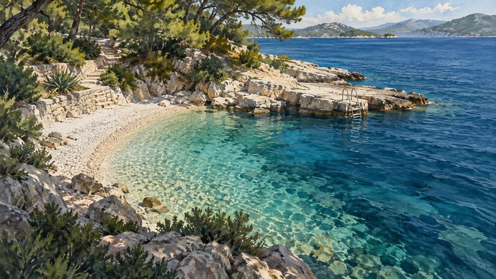AI illustration comparing a pebble cove with a rocky swimming platform and ladder