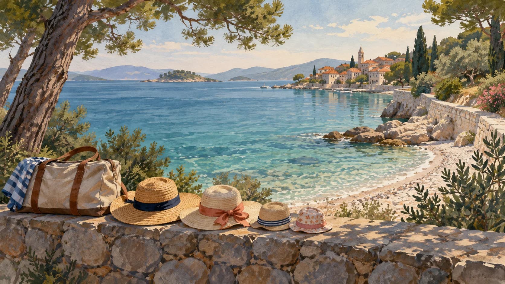 AI illustration of four sun hats and a family travel bag beside an imagined Adriatic cove