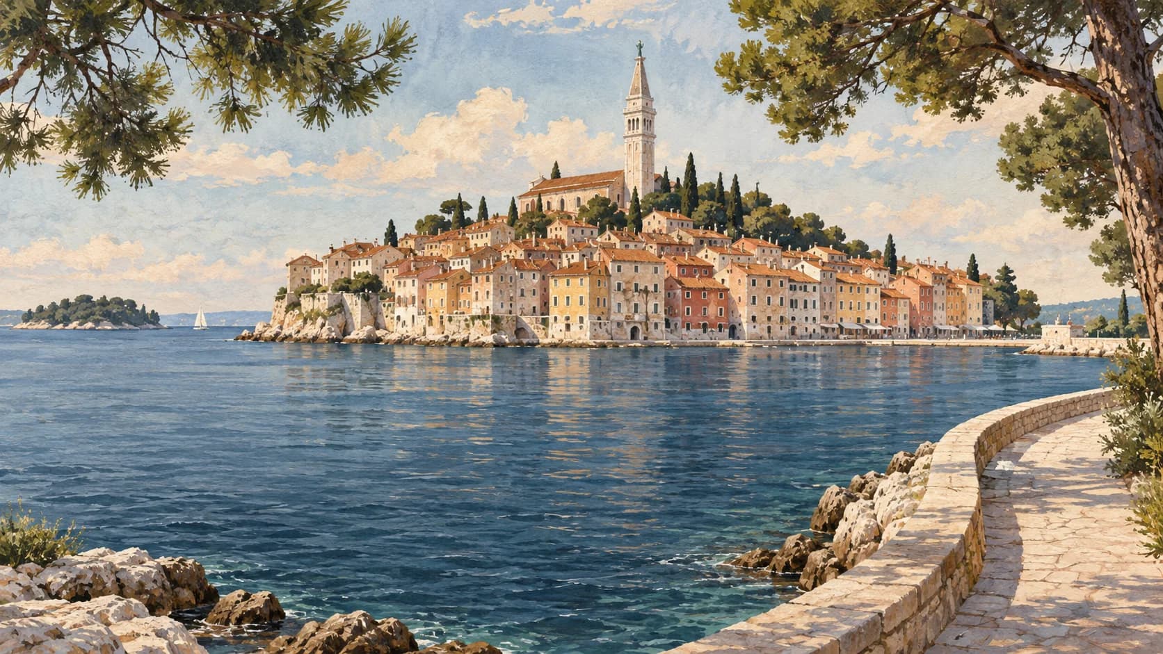 AI illustration of Rovinj's old town across the Adriatic, framed by a coastal path and trees